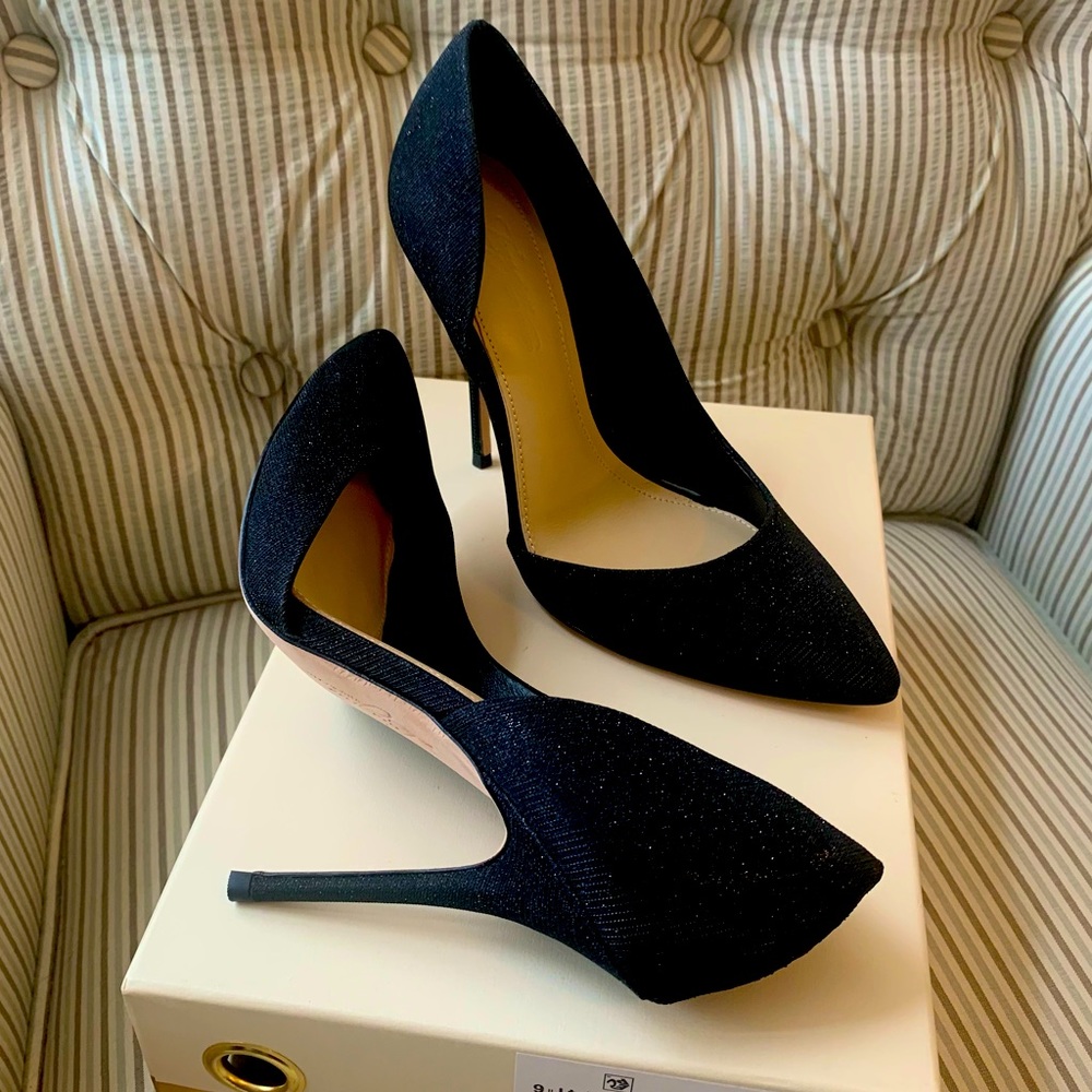 Vince Camuto d’Orsay heels, black metallic fabric